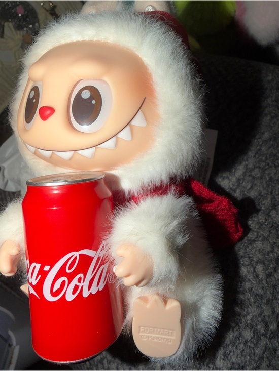 POP MART Accessories - Coca-Cola Series plush toy,the "Happy Factor" Labubu With miniature Coke can.